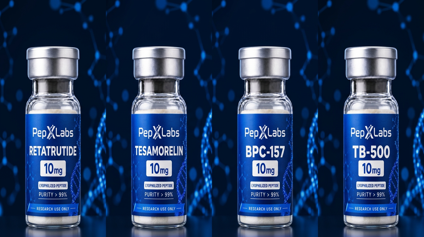 Retatrutide, Tesamorelin, BPC-157 and TB-500 research peptide vials